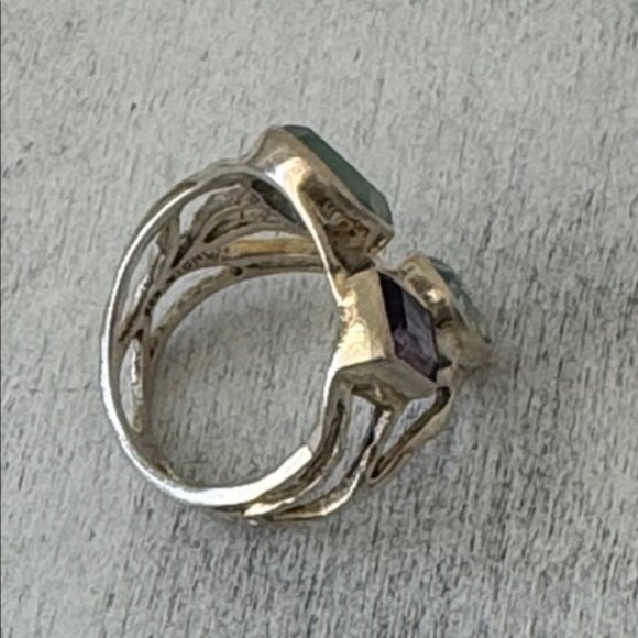 925 Sterling Silver Lacy Bezel Ring 3 Gemstones Purple, Blue & Aqua India Sz.7 - Picture 16 of 16